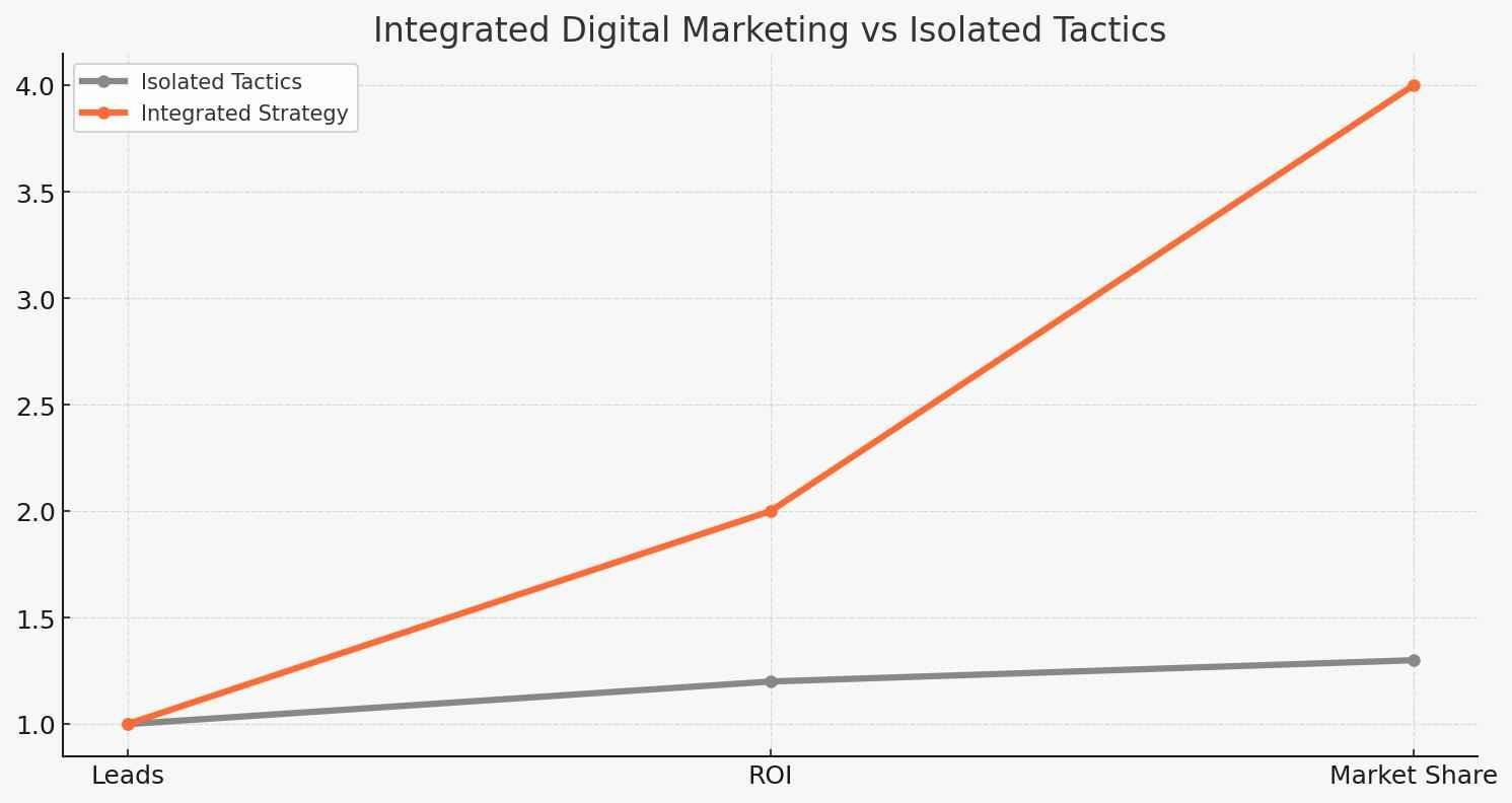 Chart showing compounding results of integrated digital marketing versus isolated tactics for Northern Illinois marketing campaigns