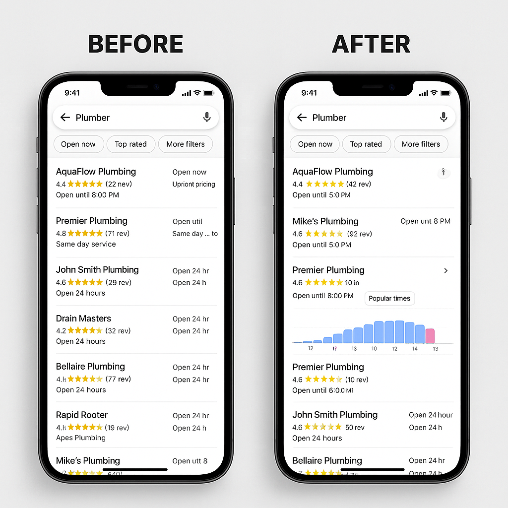 Before and after Google Business Profile ranking improvement