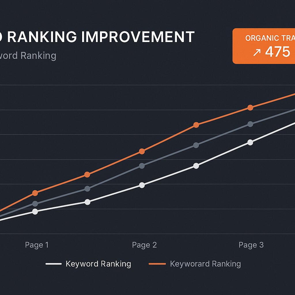SEO ranking improvement chart showing Northern Illinois business moving from page 3 to page 1 Google search results with increased organic traffic